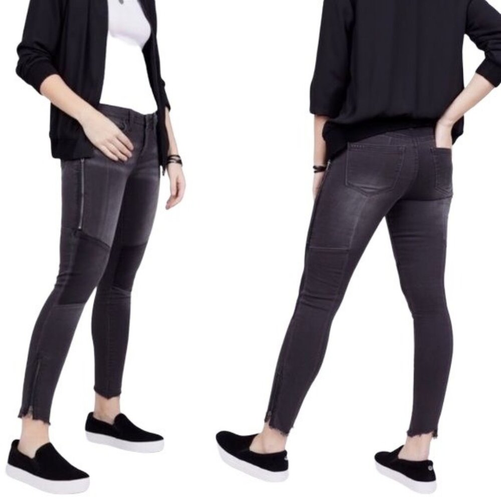 Blank NYC Patchwork Skinny Jeans Size 26 Washed Gray Zipper Detail Fray Hem